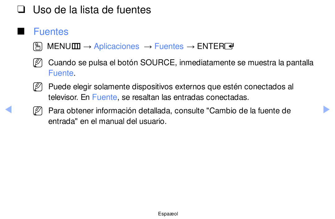 Samsung UE28F4000AWXXC, UE22F5000AWXXH manual Uso de la lista de fuentes, OO MENUm → Aplicaciones → Fuentes → Entere 