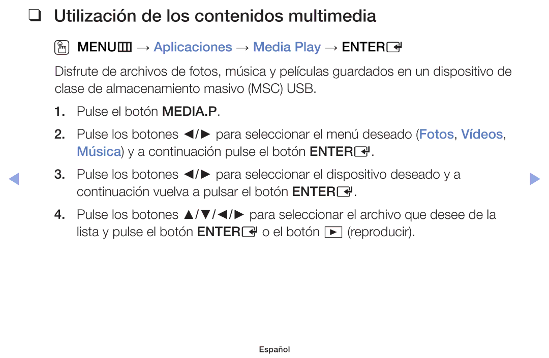 Samsung UE55F6100AWXXH manual Utilización de los contenidos multimedia, OO MENUm → Aplicaciones → Media Play → Entere 