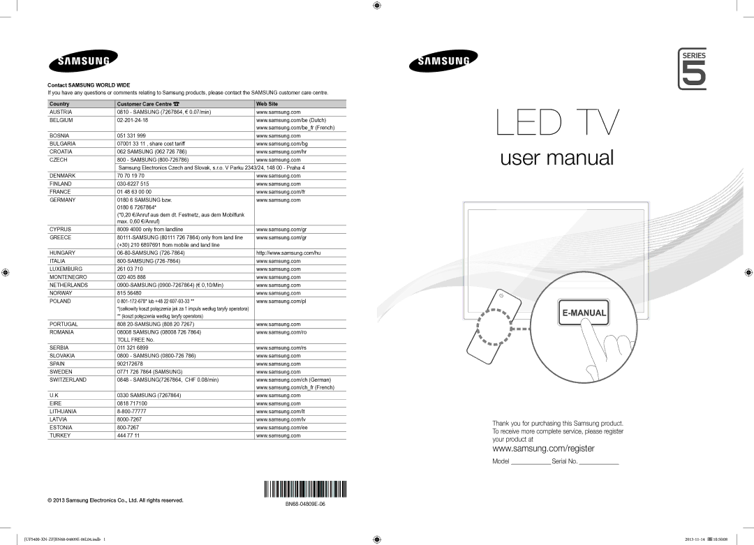 Samsung UE22F5400AWXZF, UE22F5410AWXZF manual 20 €/Anruf aus dem dt. Festnetz, aus dem Mobilfunk, BN68-04809E-06 