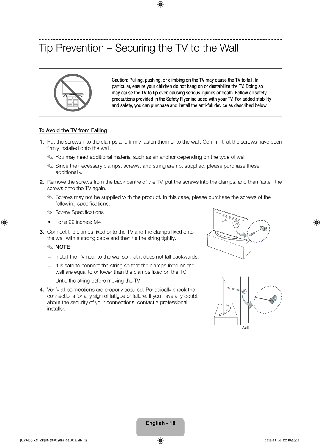 Samsung UE22F5410AWXZF, UE22F5400AWXZF manual Tip Prevention Securing the TV to the Wall 