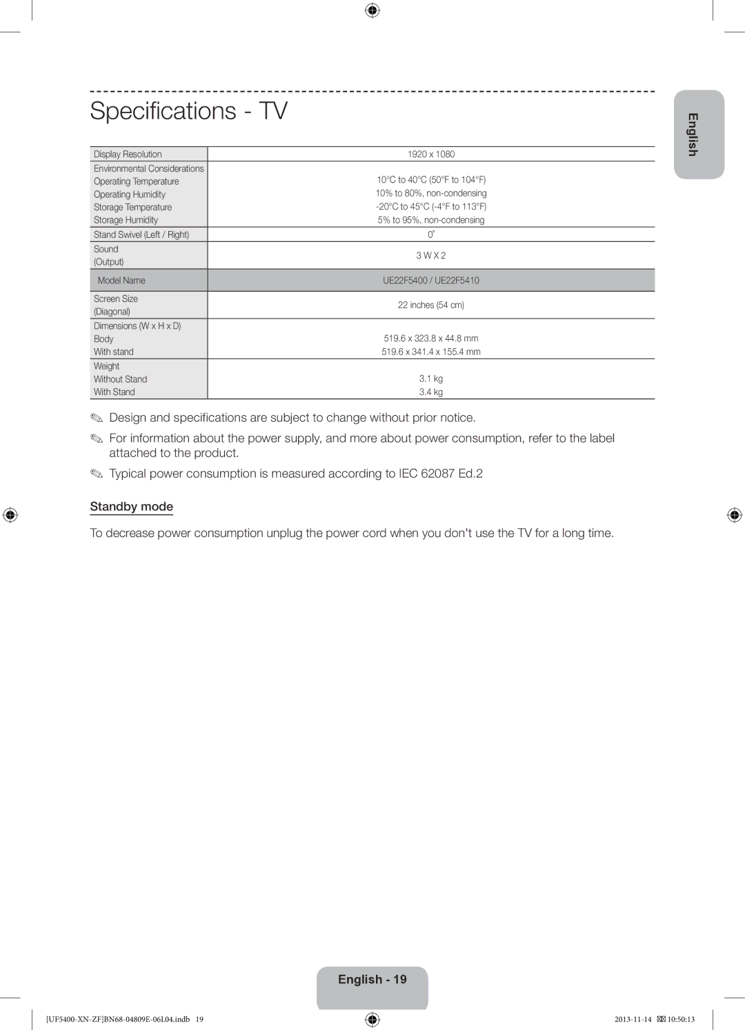 Samsung UE22F5400AWXZF, UE22F5410AWXZF manual Specifications 