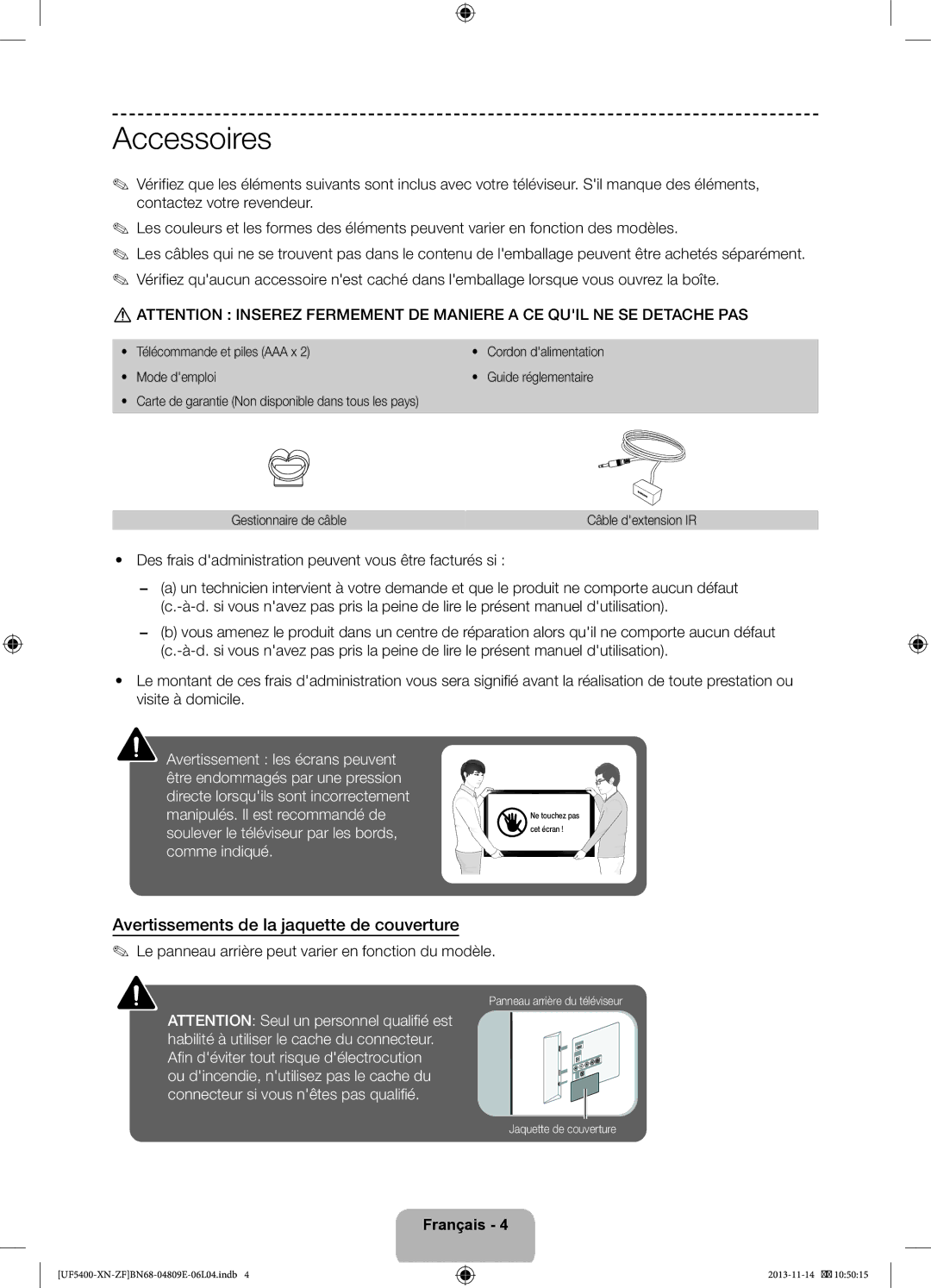 Samsung UE22F5410AWXZF, UE22F5400AWXZF manual Accessoires, Avertissements de la jaquette de couverture 