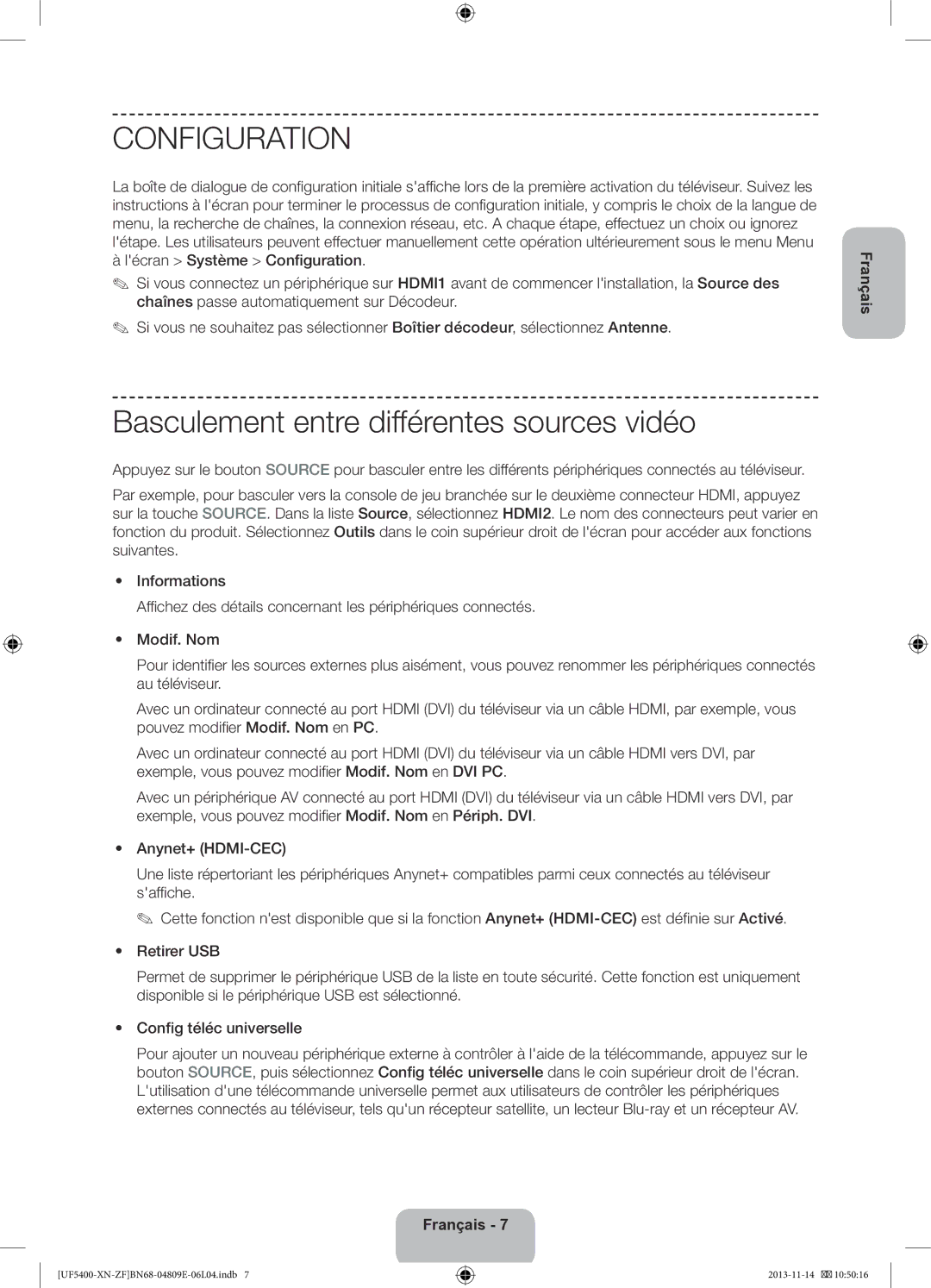 Samsung UE22F5400AWXZF, UE22F5410AWXZF manual Configuration, Basculement entre différentes sources vidéo 