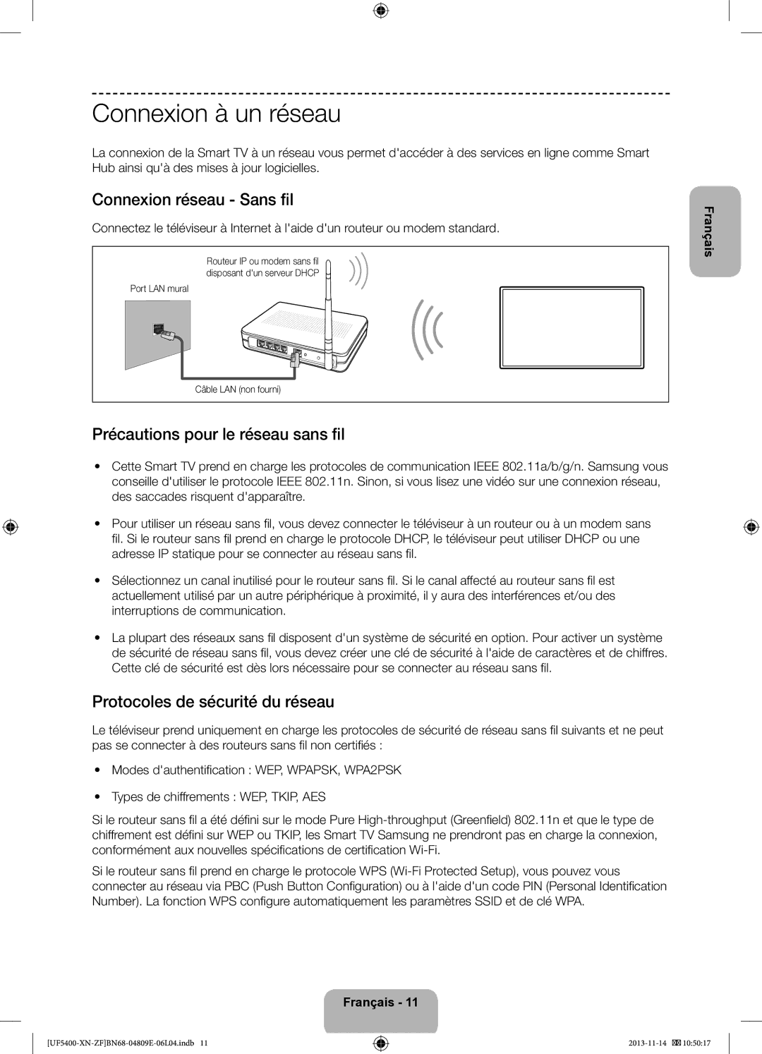 Samsung UE22F5400AWXZF manual Connexion à un réseau, Connexion réseau Sans fil, Précautions pour le réseau sans fil 