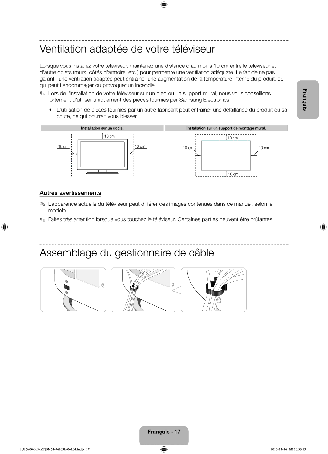 Samsung UE22F5400AWXZF Ventilation adaptée de votre téléviseur, Assemblage du gestionnaire de câble, Autres avertissements 