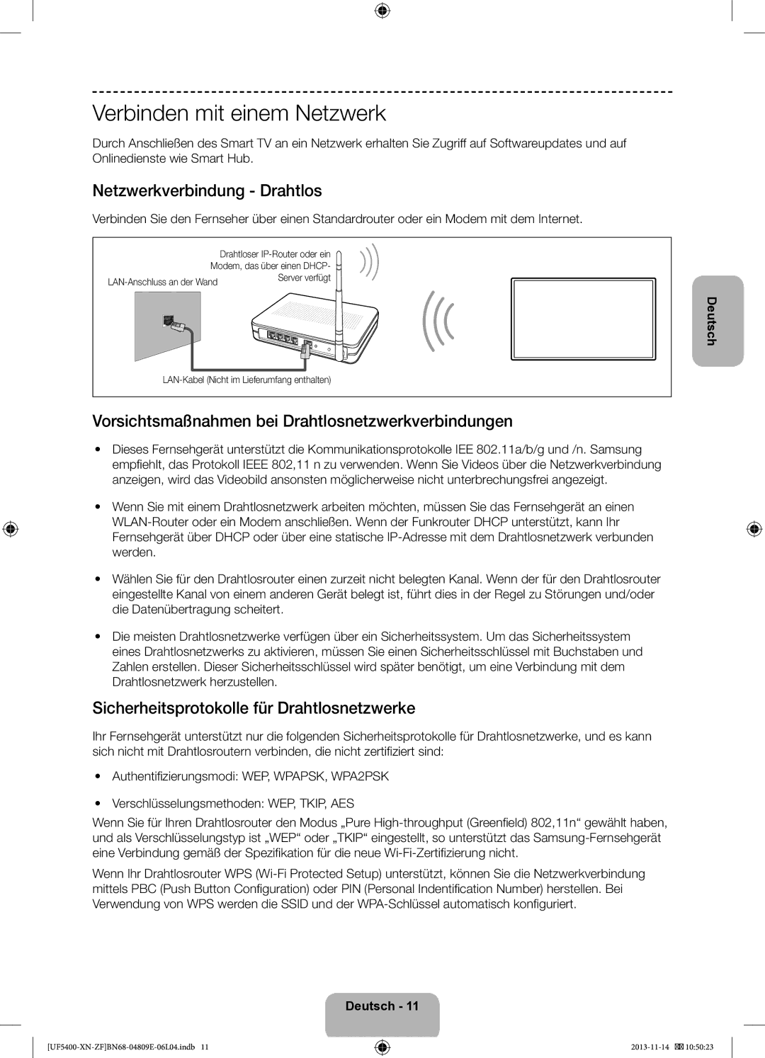 Samsung UE22F5400AWXZF, UE22F5410AWXZF manual Verbinden mit einem Netzwerk, Netzwerkverbindung Drahtlos 