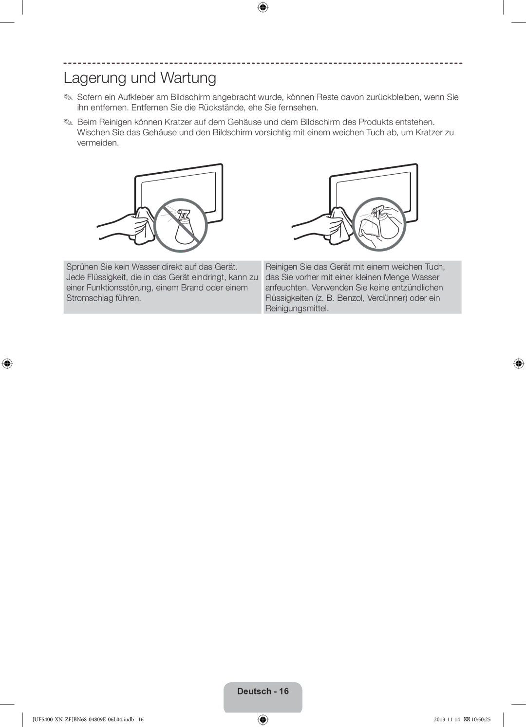 Samsung UE22F5410AWXZF, UE22F5400AWXZF manual Lagerung und Wartung 