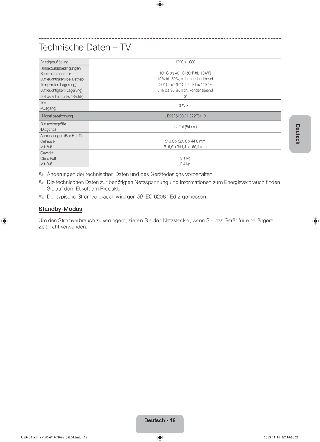 Samsung UE22F5400AWXZF, UE22F5410AWXZF manual Technische Daten TV, Standby-Modus 