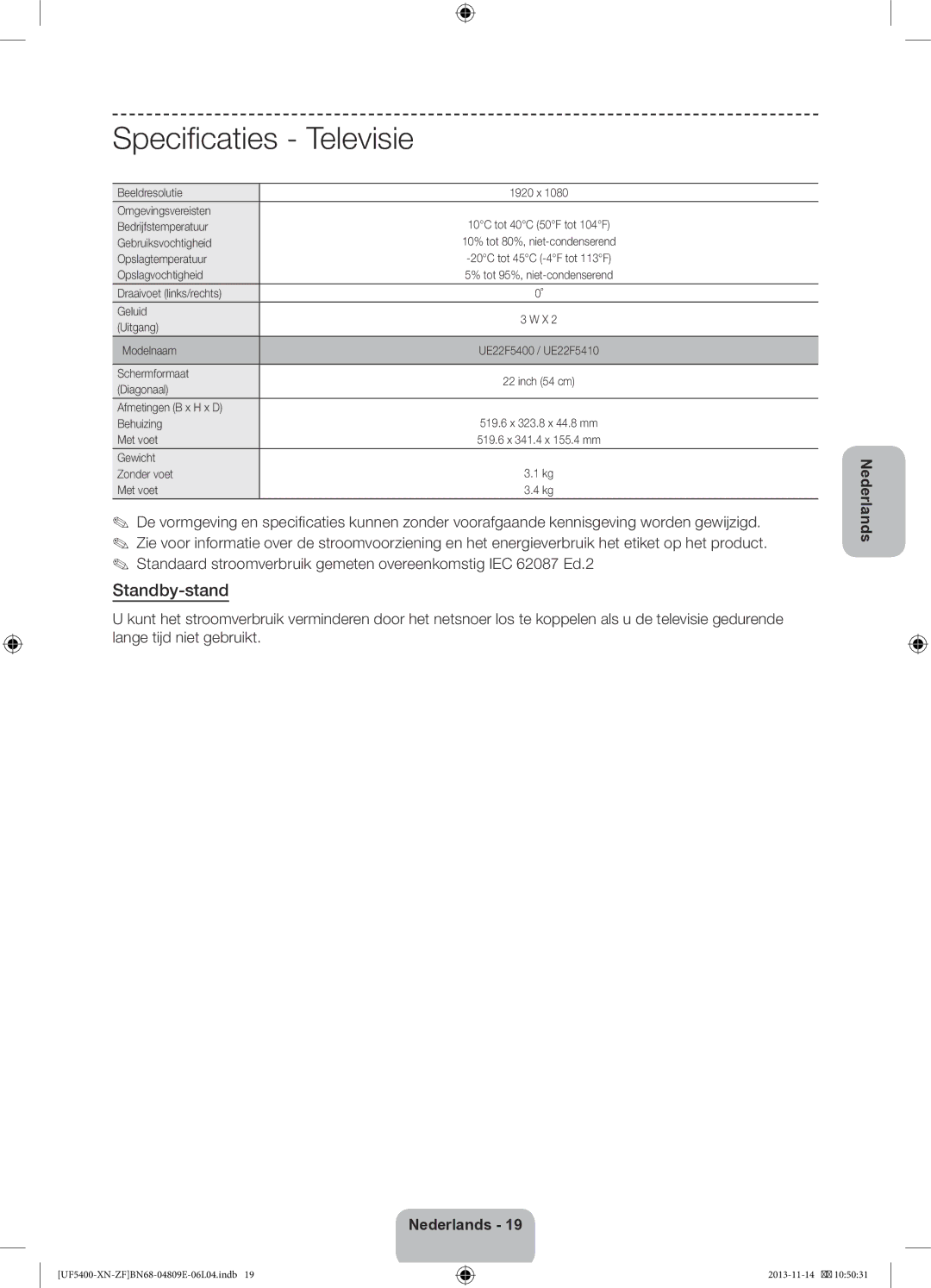 Samsung UE22F5400AWXZF, UE22F5410AWXZF manual Specificaties Televisie, Standby-stand 