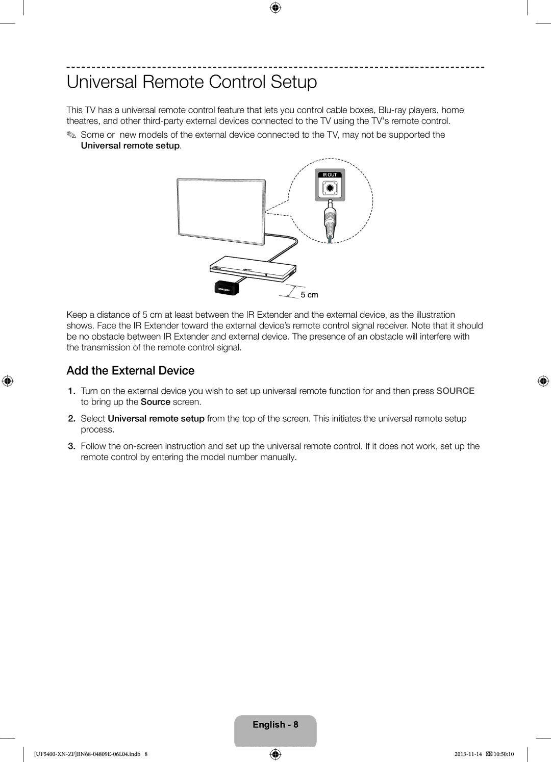 Samsung UE22F5410AWXZF, UE22F5400AWXZF manual Universal Remote Control Setup, Add the External Device 