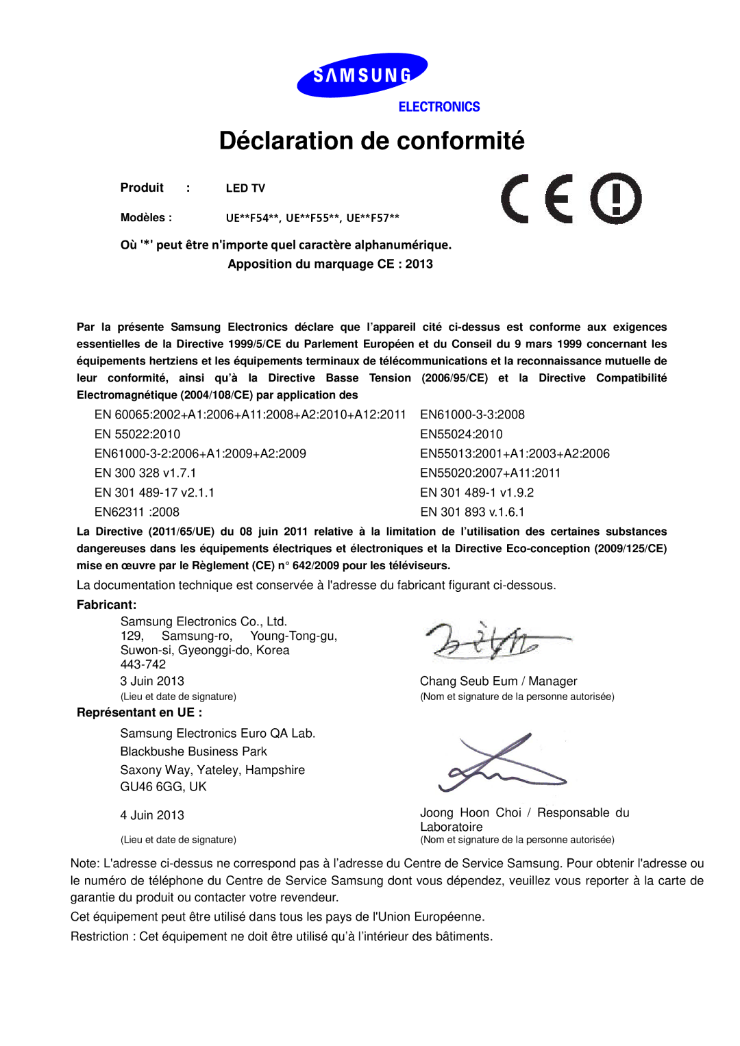 Samsung UE46F5500AWXZF manual Déclaration de conformité, Où * peut être nimporte quel caractère alphanumérique 