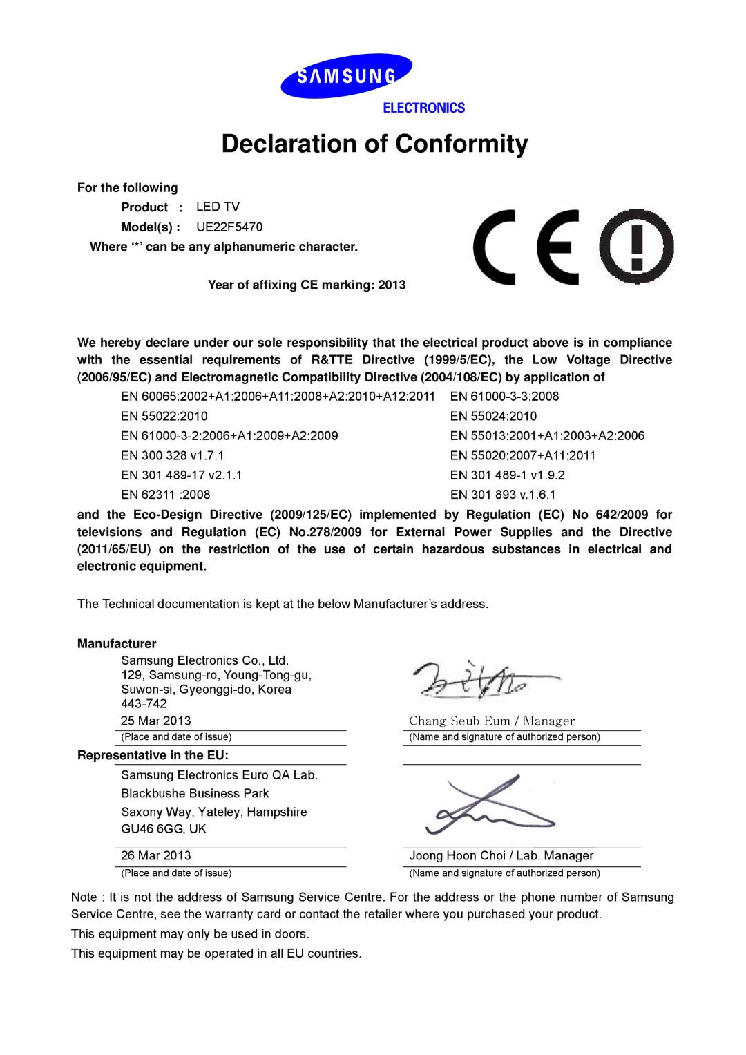 Samsung UE22F5480SSXZG, UE22F5470SSXZG manual Declaration of Conformity, Manufacturer, Representative in the EU 