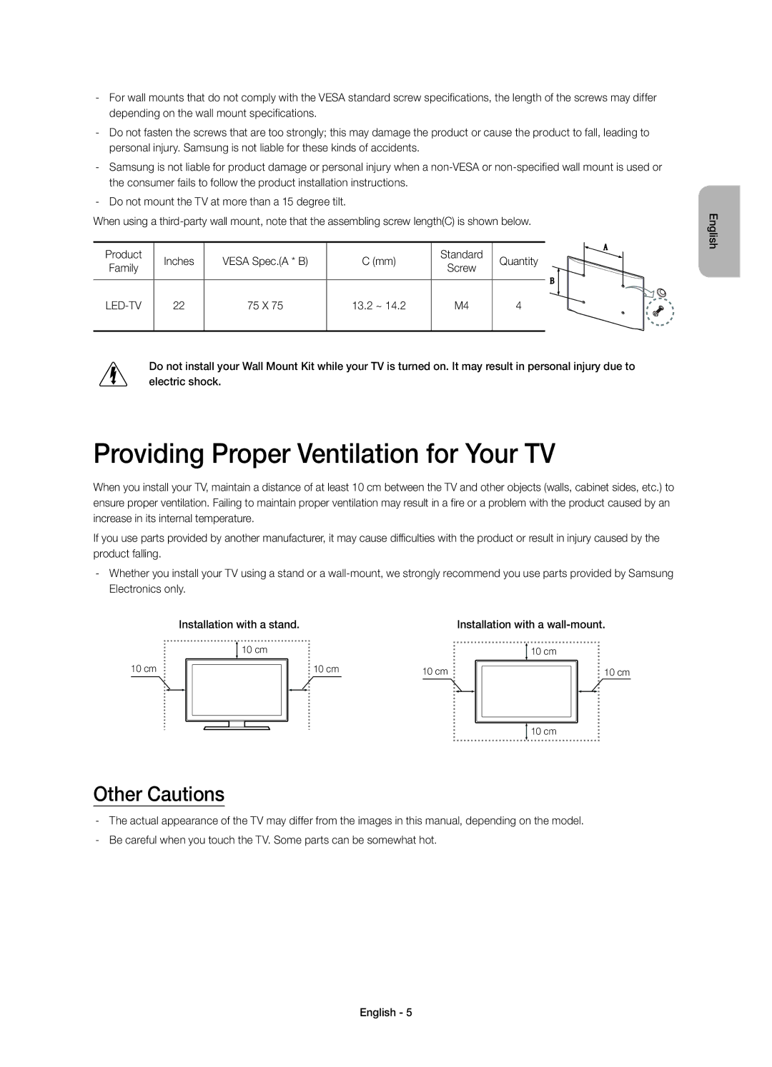 Samsung UE22H5600AKXRU, UE22H5610AKXRU, UE22H5600AKXMS manual Providing Proper Ventilation for Your TV, Other Cautions 