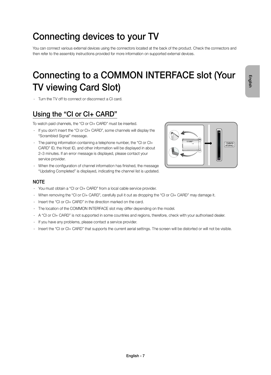 Samsung UE22H5600AKXMS, UE22H5600AKXRU, UE22H5610AKXRU manual Connecting devices to your TV, Using the CI or CI+ Card 