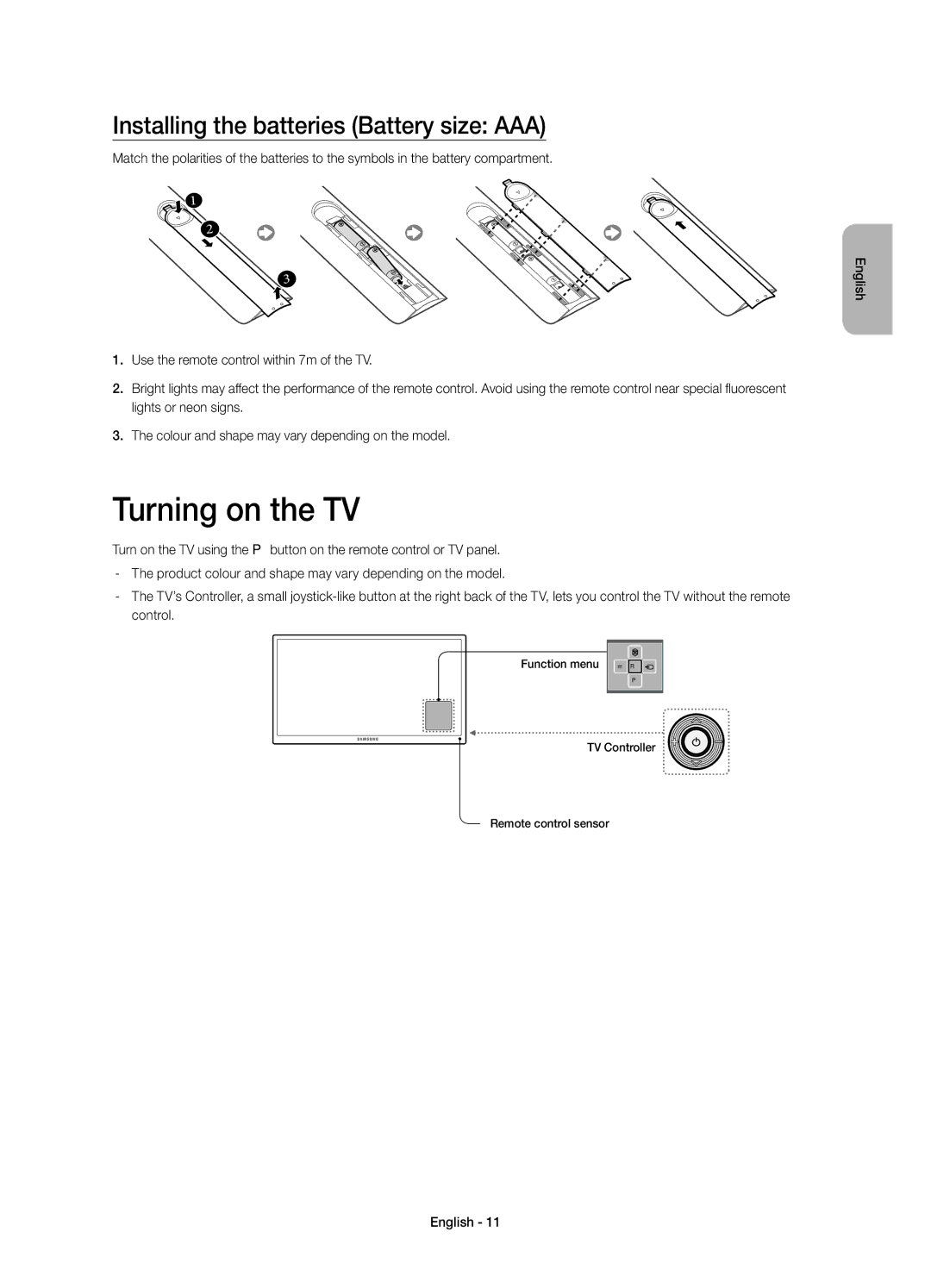 Samsung UE22H5600AKXRU, UE22H5610AKXRU, UE22H5600AKXMS manual Turning on the TV, Installing the batteries Battery size AAA 