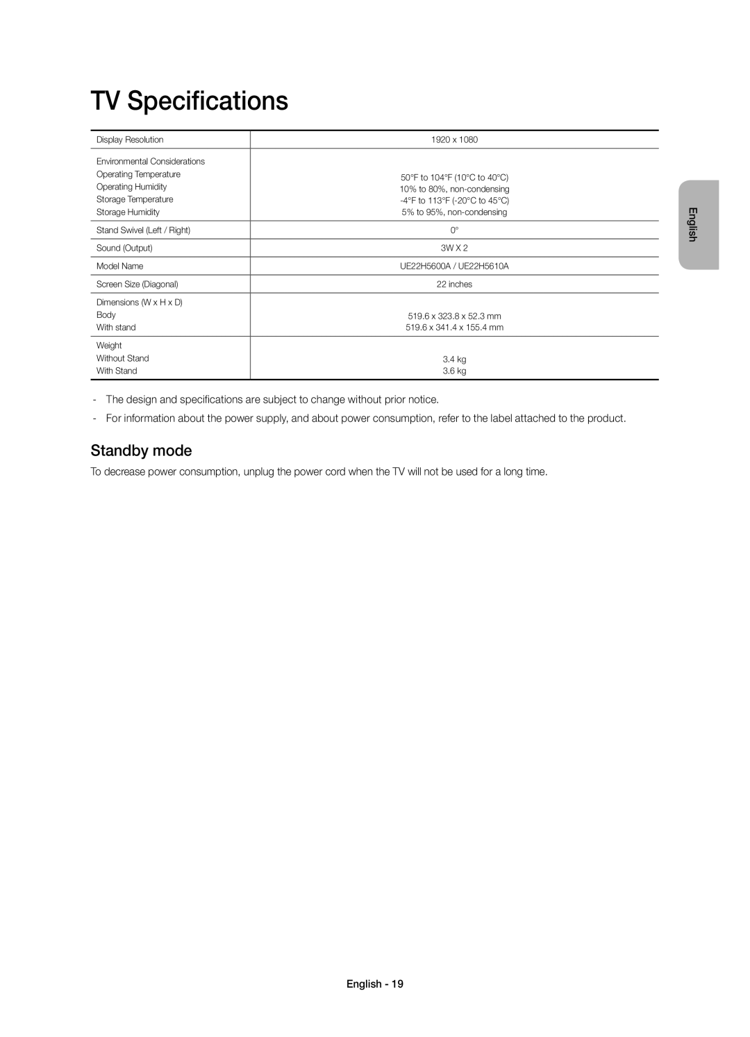 Samsung UE22H5600AKXMS, UE22H5600AKXRU, UE22H5610AKXRU manual TV Specifications, Standby mode 