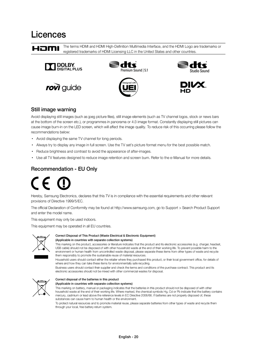 Samsung UE22H5600AKXRU, UE22H5610AKXRU, UE22H5600AKXMS manual Licences, Still image warning, Recommendation EU Only 