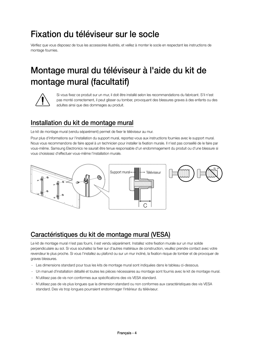 Samsung UE22H5610AWXXC, UE22H5600AWXXC manual Fixation du téléviseur sur le socle, Installation du kit de montage mural 