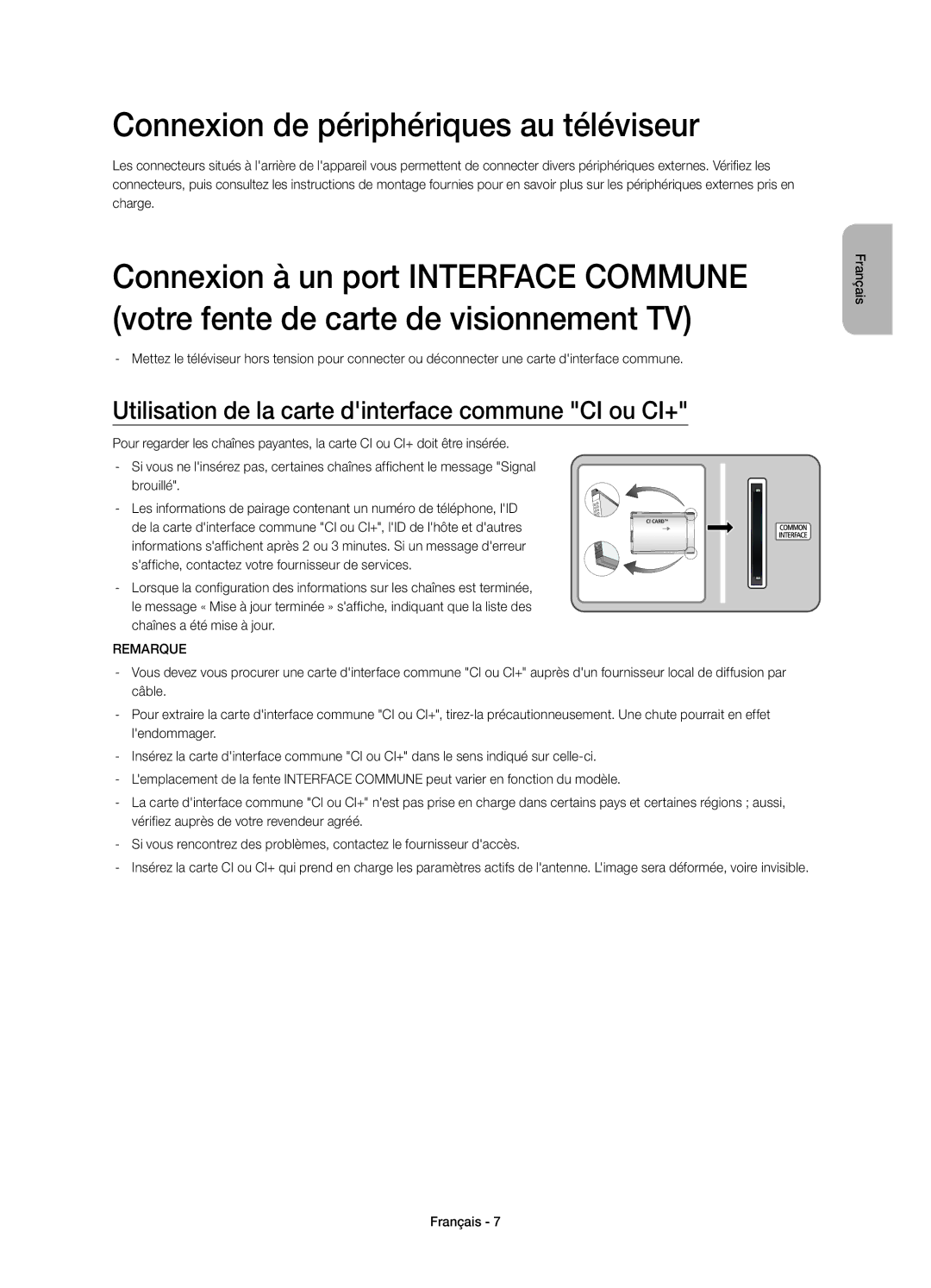 Samsung UE22H5600AWXXC Connexion de périphériques au téléviseur, Utilisation de la carte dinterface commune CI ou CI+ 