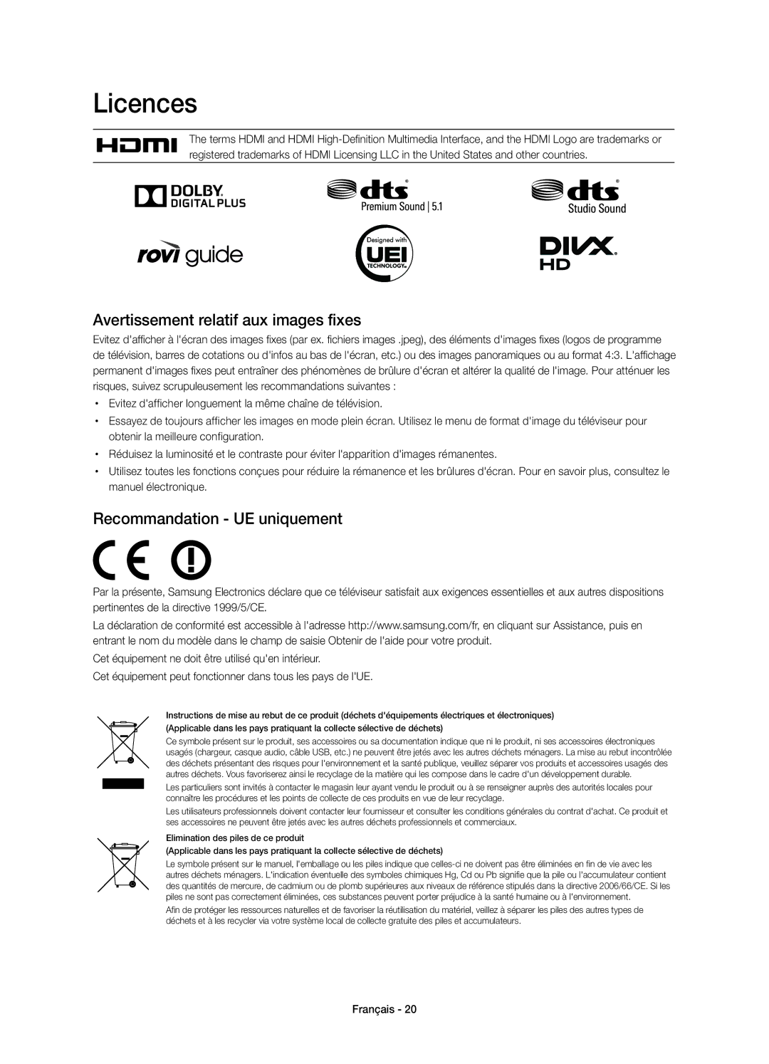 Samsung UE22H5610AWXXC, UE22H5600AWXXC manual Avertissement relatif aux images fixes, Recommandation UE uniquement 