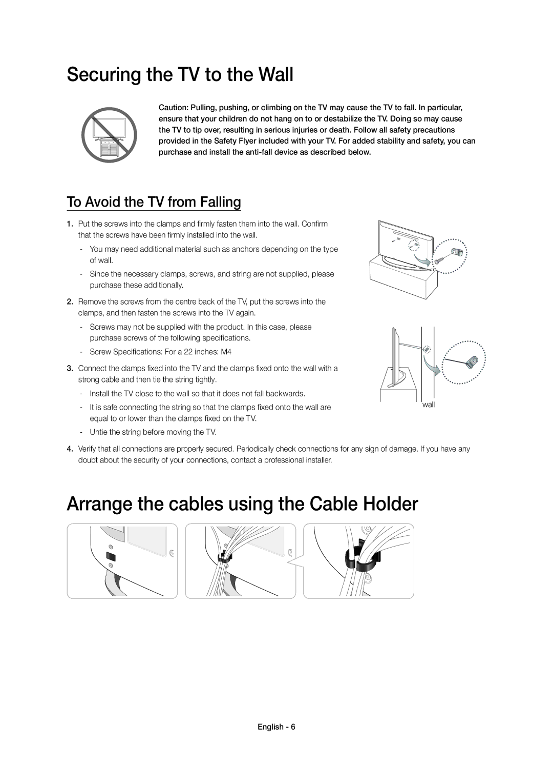 Samsung UE22H5610AWXXC, UE22H5600AWXXC manual Securing the TV to the Wall, Arrange the cables using the Cable Holder 