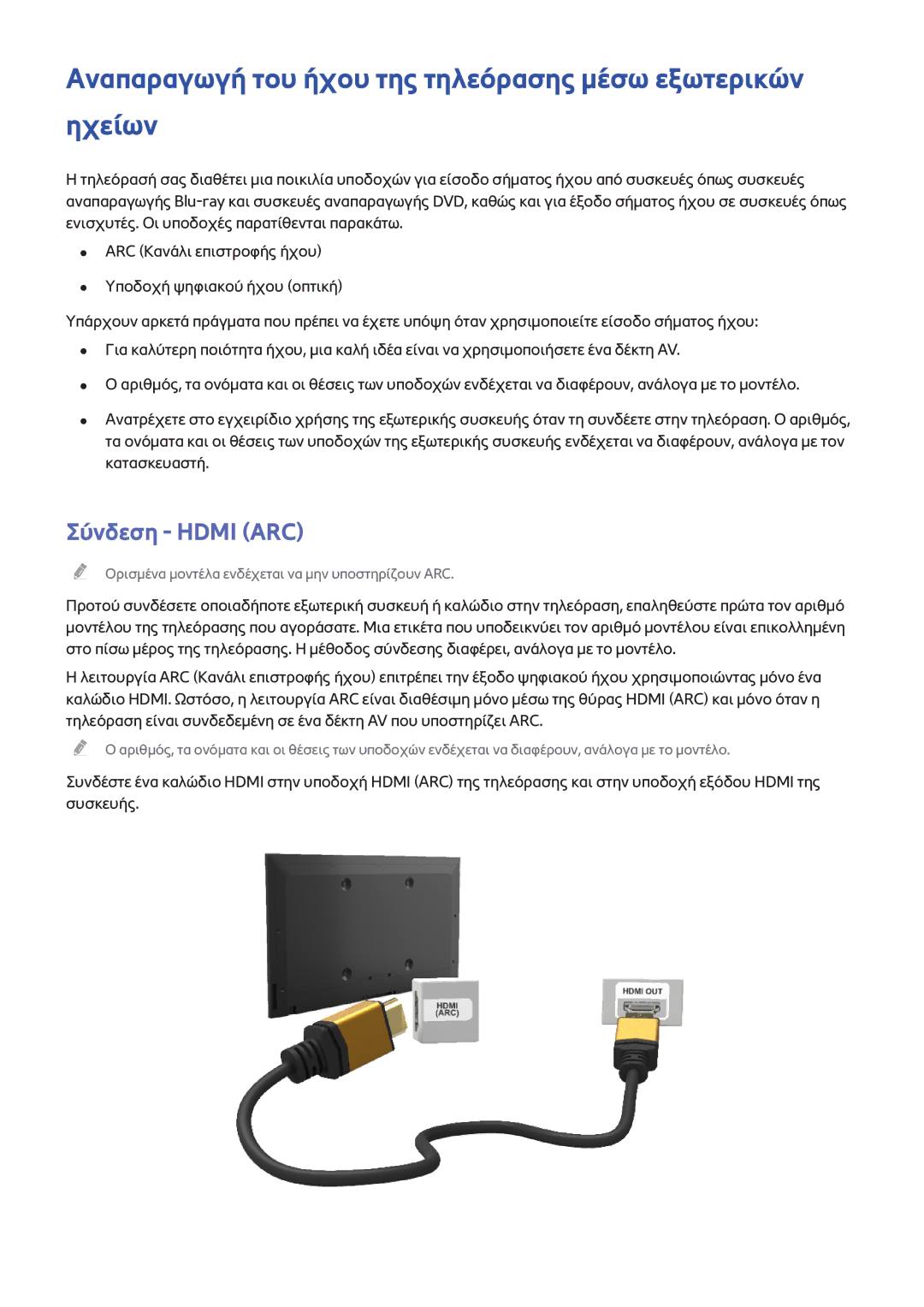 Samsung UE48H6410SSXXH, UE22H5610AWXXH manual Αναπαραγωγή του ήχου της τηλεόρασης μέσω εξωτερικών ηχείων, Σύνδεση Hdmi ARC 