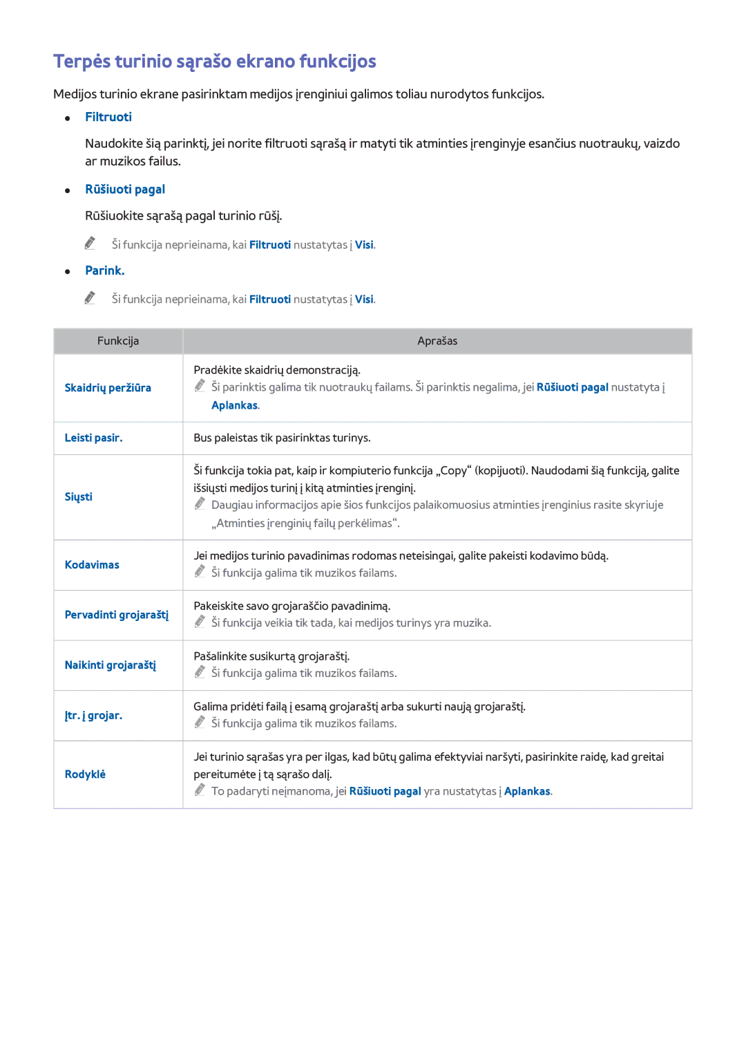 Samsung UE48H6400AKXXH, UE22H5610AWXXH manual Terpės turinio sąrašo ekrano funkcijos, Filtruoti, Rūšiuoti pagal, Parink 