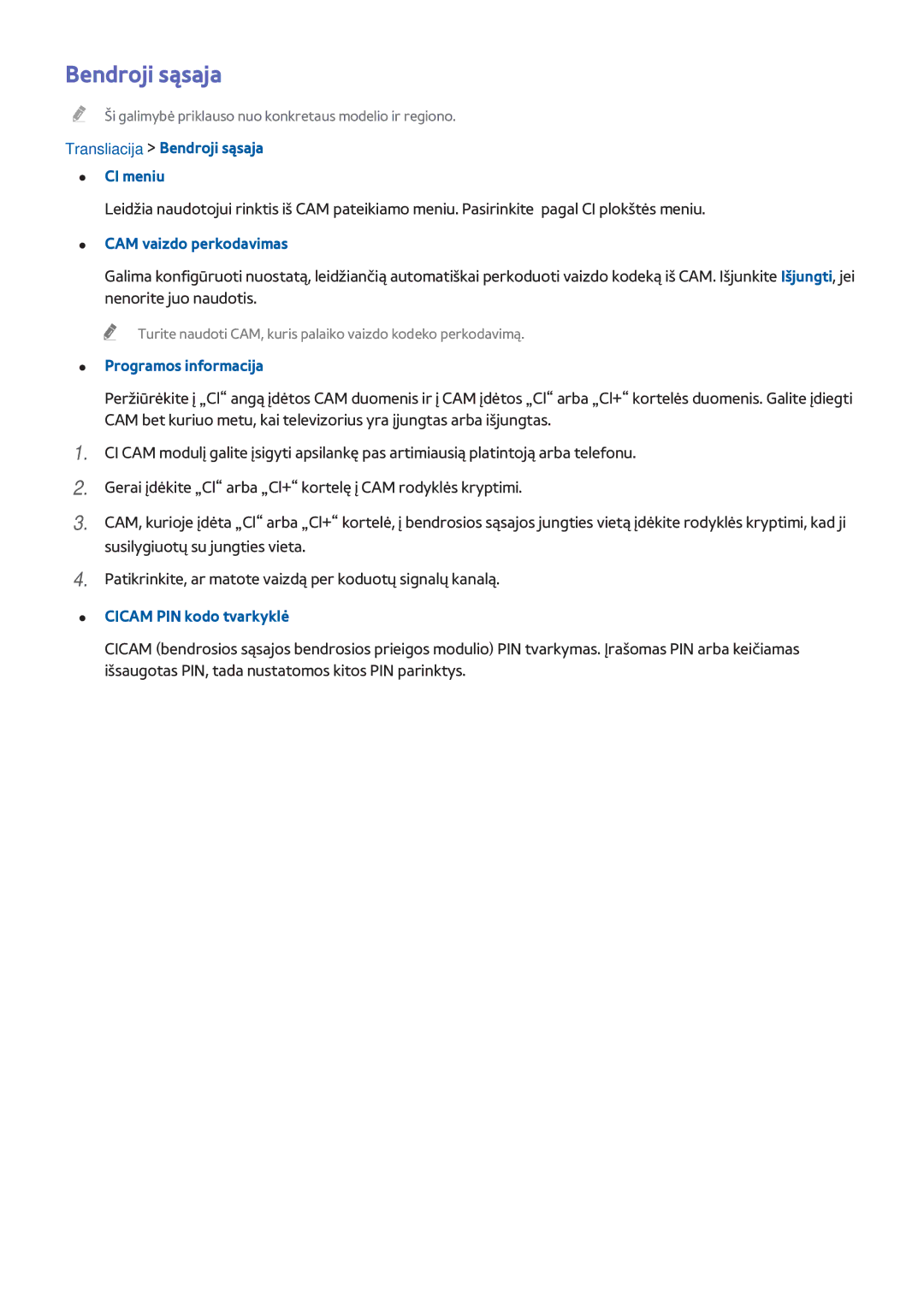 Samsung UE48H6500STXXH manual Transliacija Bendroji sąsaja CI meniu, CAM vaizdo perkodavimas, Programos informacija 