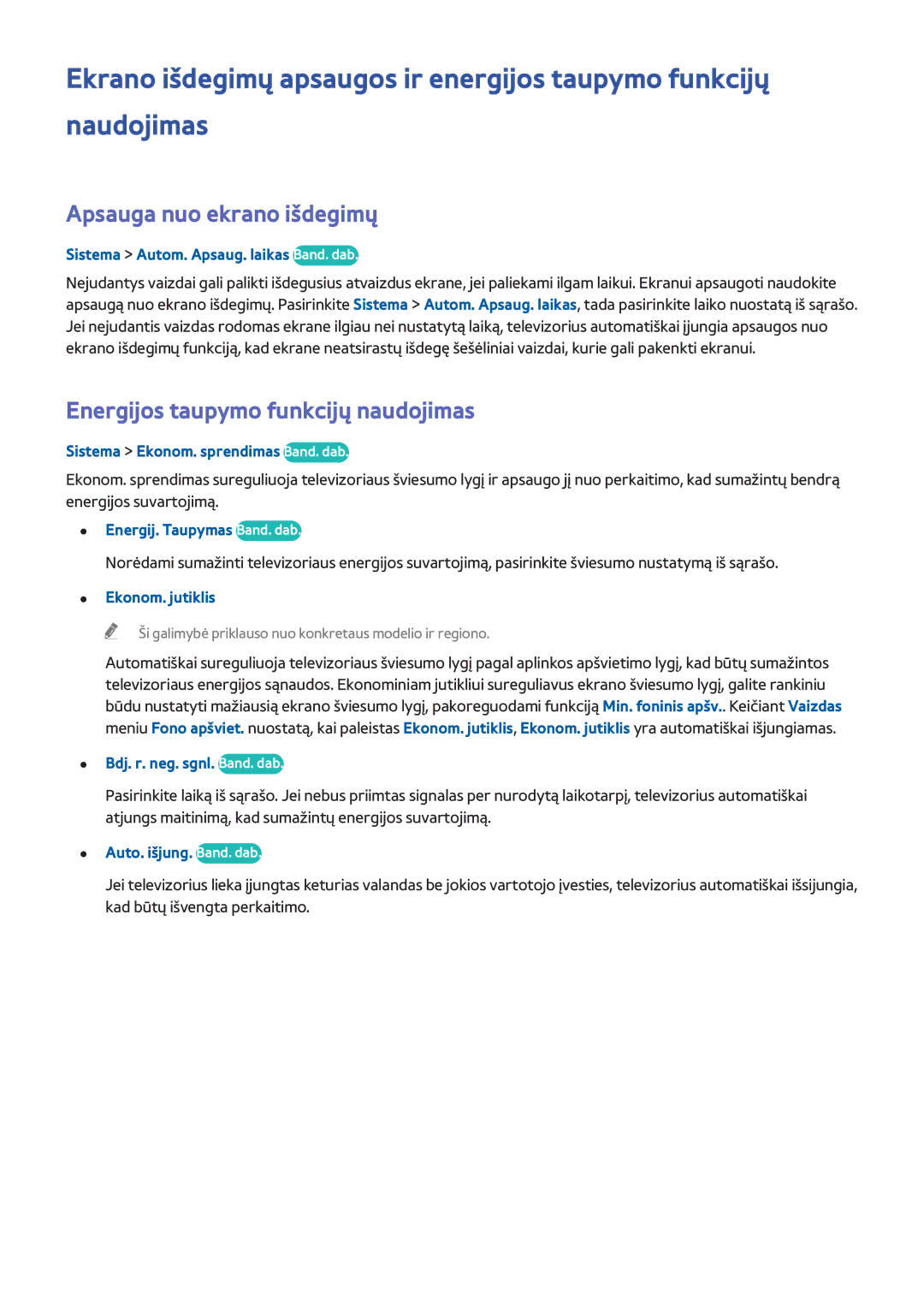 Samsung UE32H4500AWXXH, UE22H5610AWXXH, UE32H6470SSXZG Apsauga nuo ekrano išdegimų, Energijos taupymo funkcijų naudojimas 