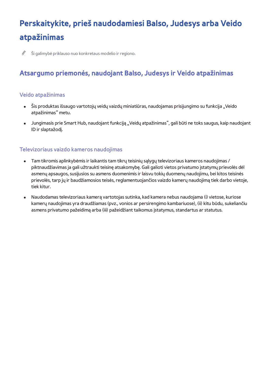 Samsung UE40H6670STXXH, UE22H5610AWXXH, UE32H6470SSXZG manual Veido atpažinimas, Televizoriaus vaizdo kameros naudojimas 