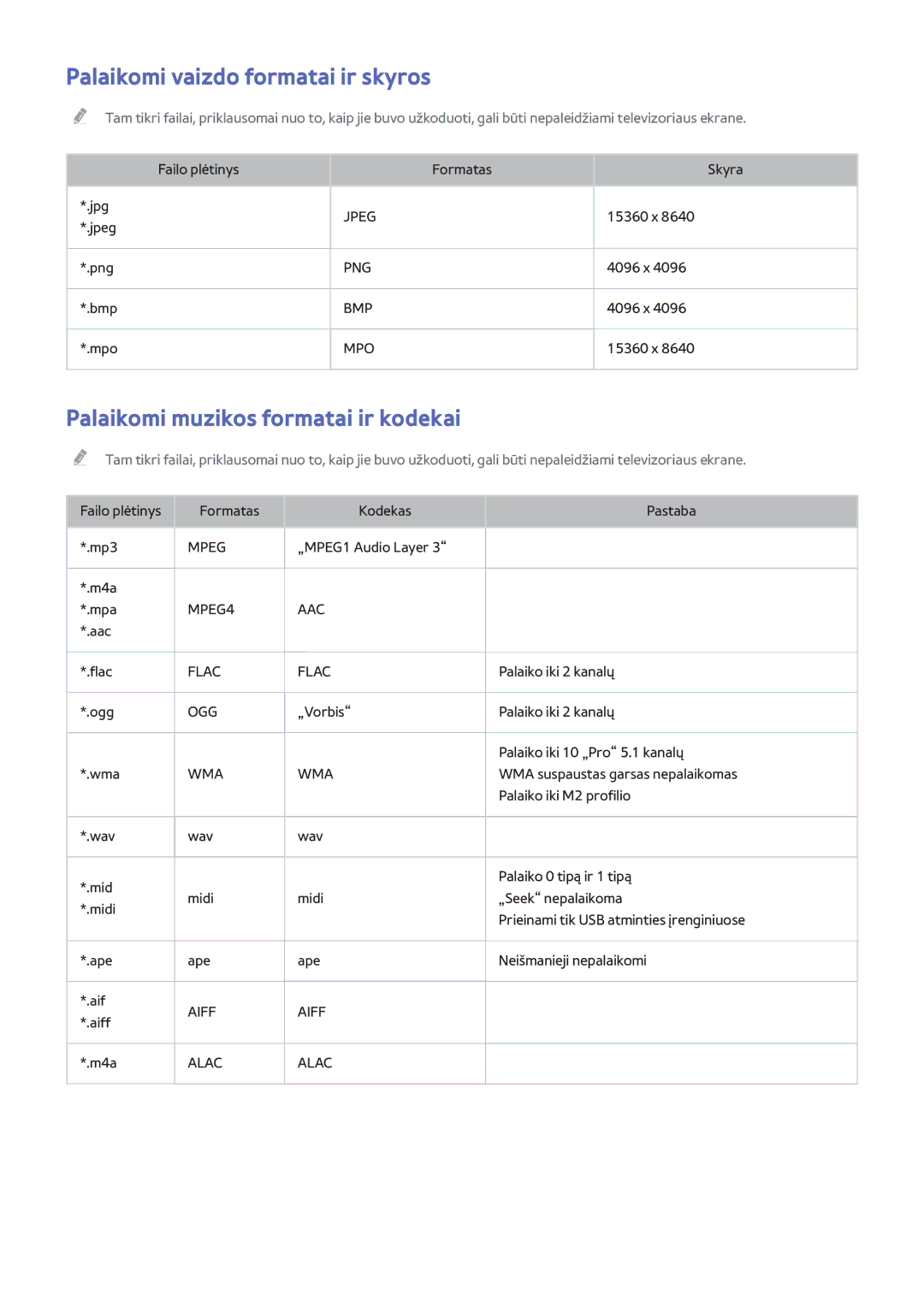 Samsung UE40H6470SSXZG, UE22H5610AWXXH manual Palaikomi vaizdo formatai ir skyros, Palaikomi muzikos formatai ir kodekai 