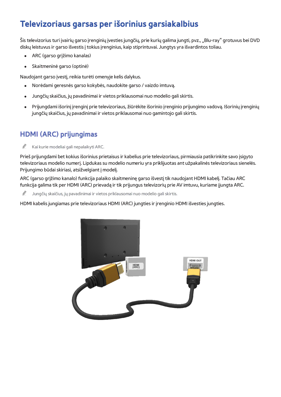 Samsung UE55H6400AWXXH, UE22H5610AWXXH manual Televizoriaus garsas per išorinius garsiakalbius, Hdmi ARC prijungimas 