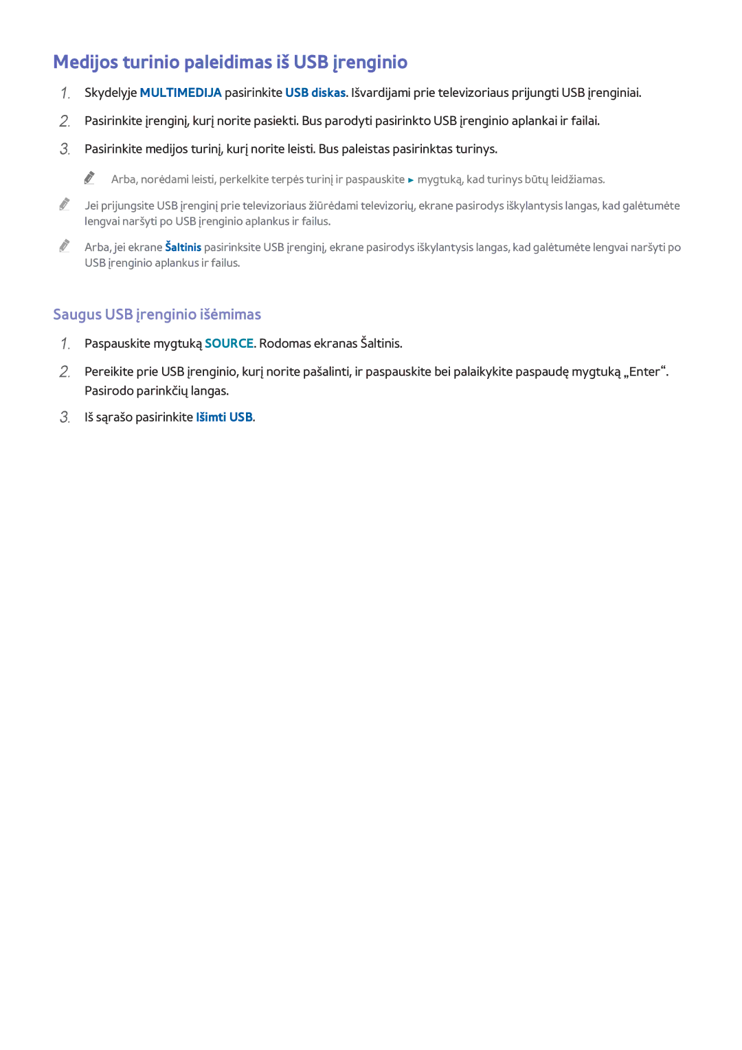 Samsung UE48H6670STXXH, UE22H5610AWXXH manual Medijos turinio paleidimas iš USB įrenginio, Saugus USB įrenginio išėmimas 