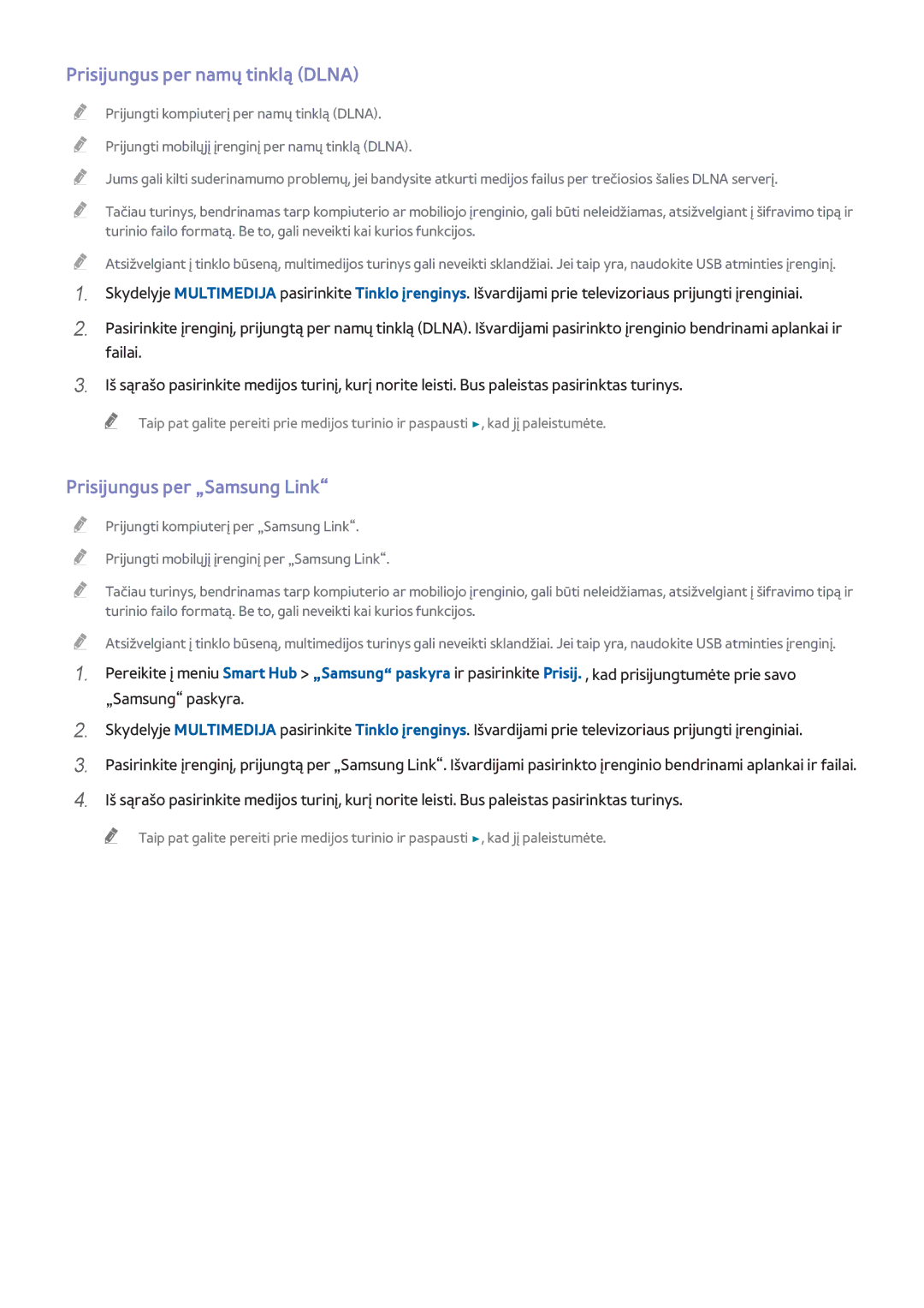 Samsung UE65H6400AKXXH, UE22H5610AWXXH, UE32H6470SSXZG manual Prisijungus per namų tinklą Dlna, Prisijungus per „Samsung Link 