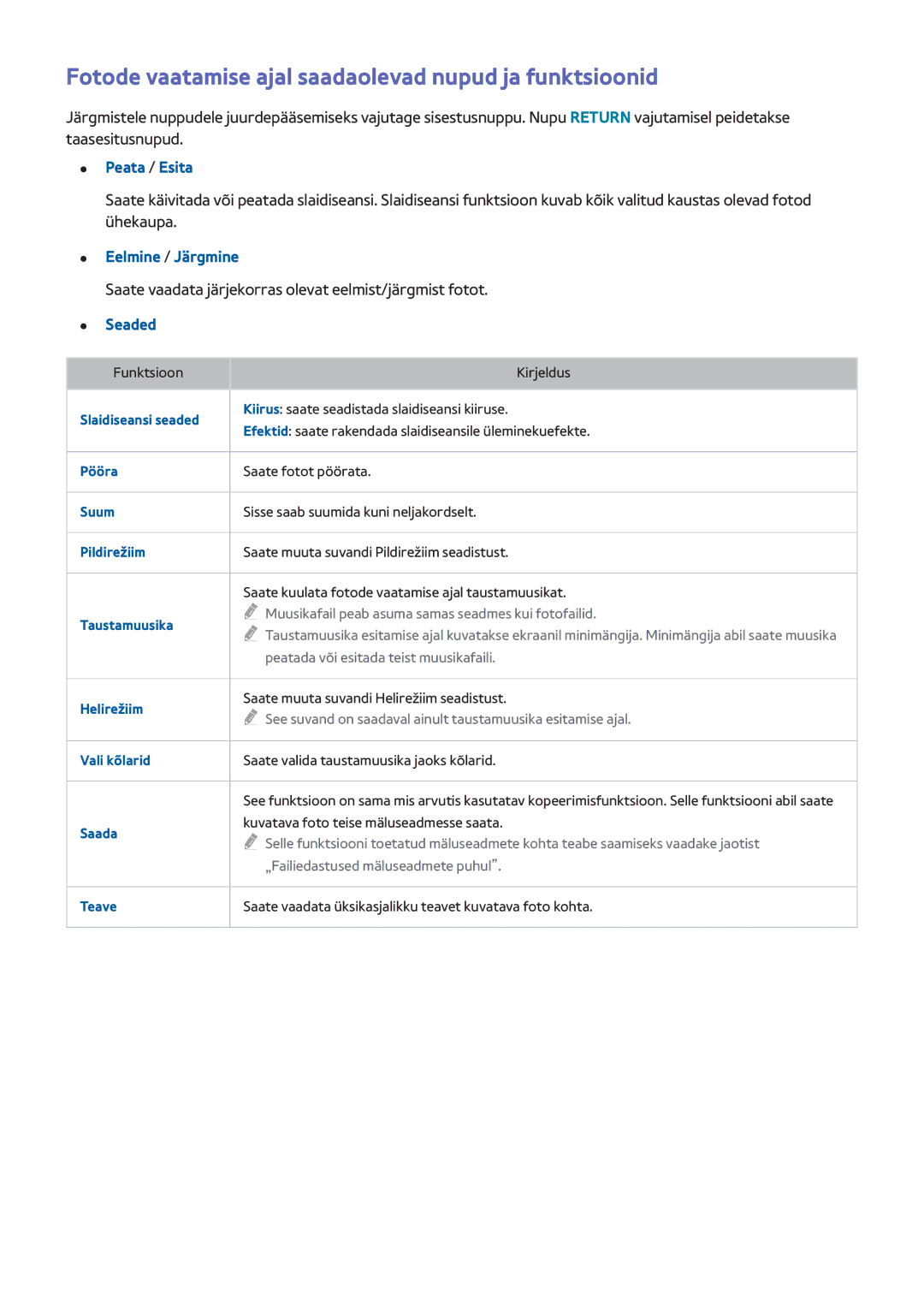 Samsung UE65H6400AWXXH manual Fotode vaatamise ajal saadaolevad nupud ja funktsioonid, Peata / Esita, Eelmine / Järgmine 