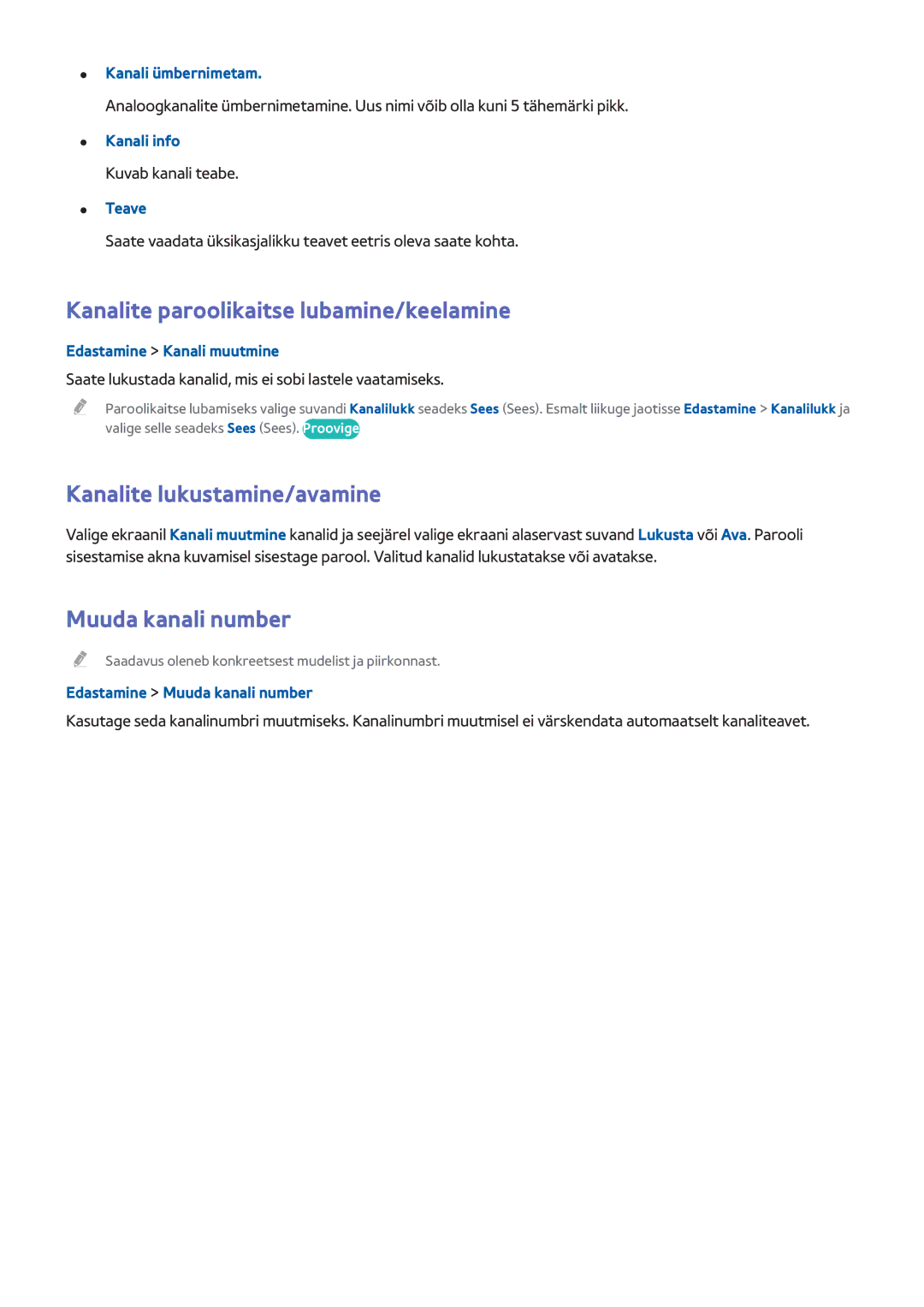 Samsung UE40H6270SSXZG manual Kanalite paroolikaitse lubamine/keelamine, Kanalite lukustamine/avamine, Muuda kanali number 