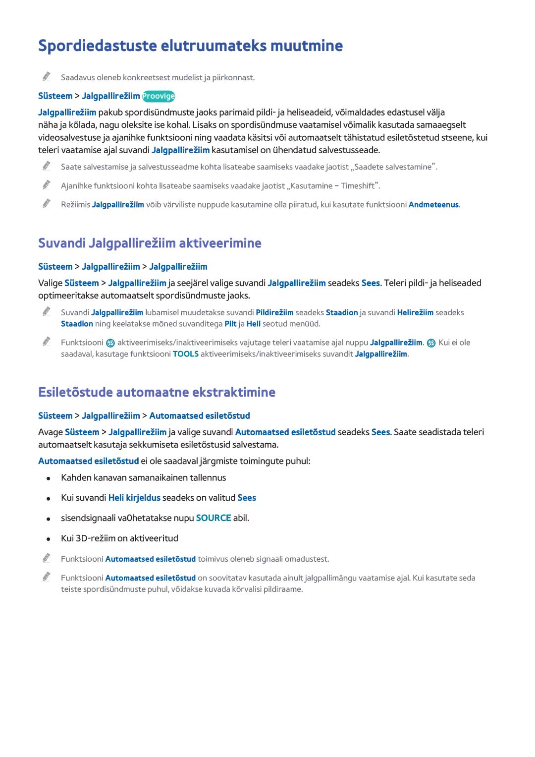 Samsung UE50H6400AKXXH, UE22H5610AWXXH manual Spordiedastuste elutruumateks muutmine, Suvandi Jalgpallirežiim aktiveerimine 