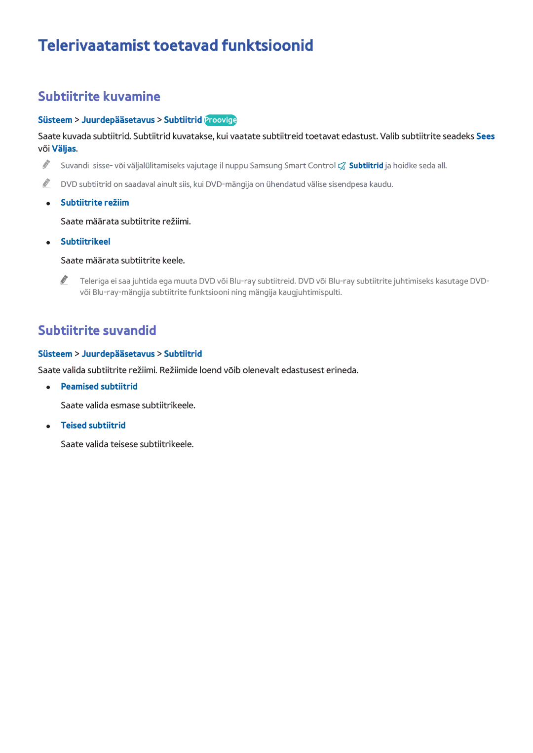 Samsung UE40H6240AWXXH, UE22H5610AWXXH Telerivaatamist toetavad funktsioonid, Subtiitrite kuvamine, Subtiitrite suvandid 