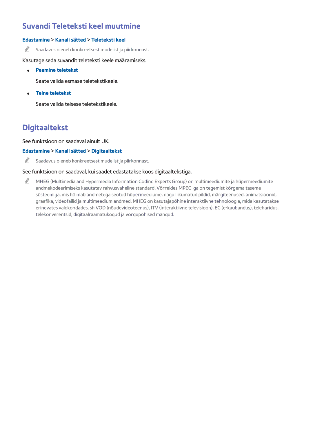 Samsung UE55H6500STXXH, UE22H5610AWXXH, UE32H6470SSXZG, UE55H6410SSXXH manual Suvandi Teleteksti keel muutmine, Digitaaltekst 