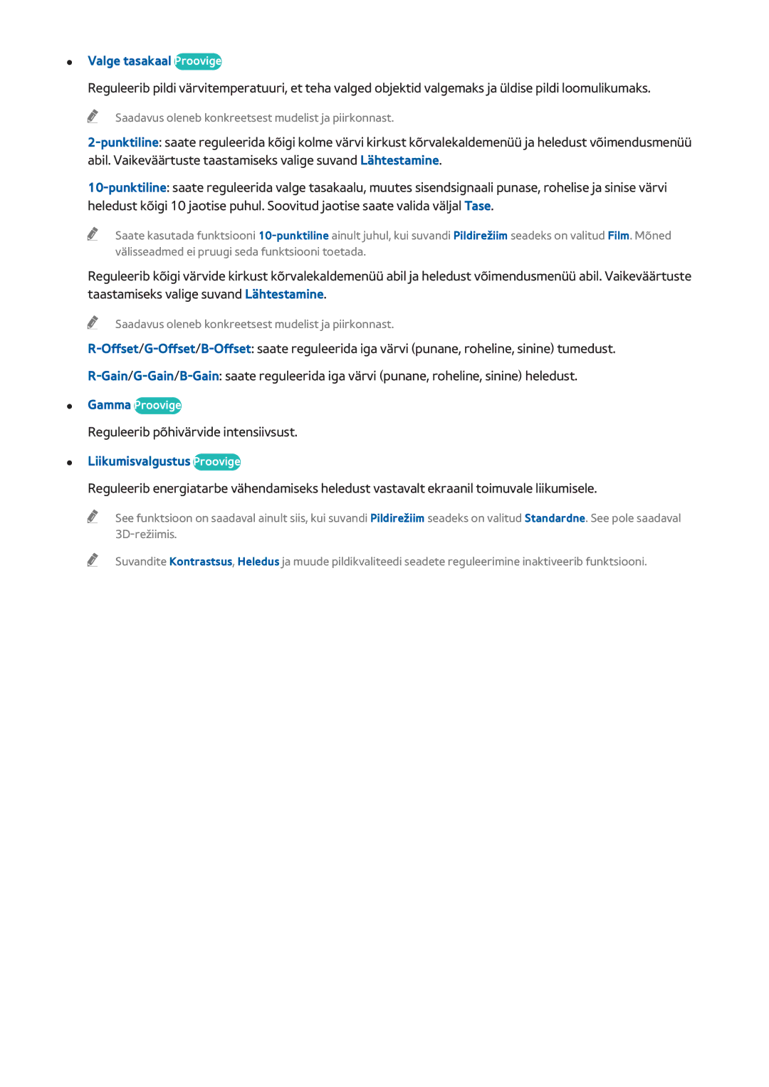 Samsung UE40H6410SSXXH manual Valge tasakaal Proovige, Reguleerib põhivärvide intensiivsust, Liikumisvalgustus Proovige 