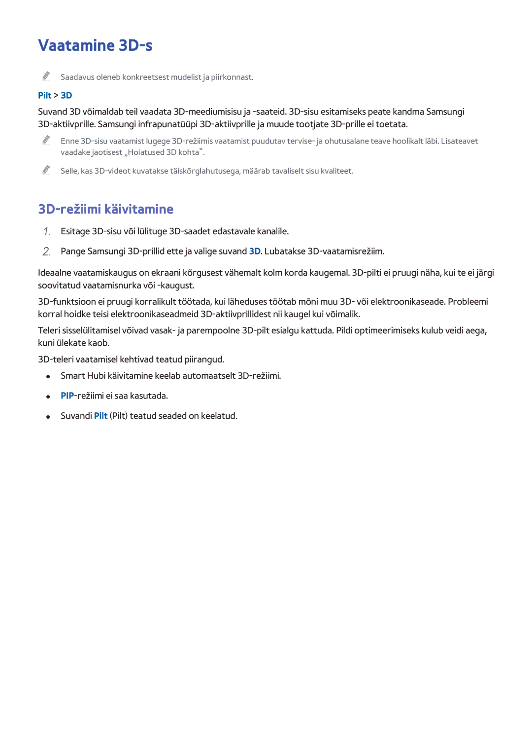 Samsung UE40H6670SLXXH, UE22H5610AWXXH, UE32H6470SSXZG, UE55H6410SSXXH manual Vaatamine 3D-s, 3D-režiimi käivitamine, Pilt 3D 