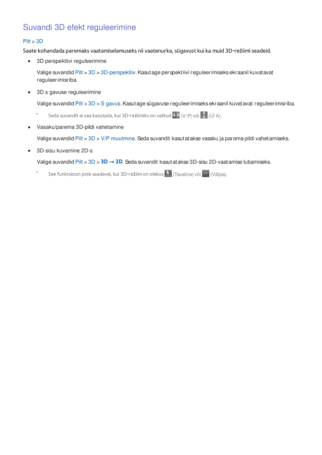 Samsung UE48H6400AKXXH manual Suvandi 3D efekt reguleerimine, 3D perspektiivi reguleerimine, 3D sügavuse reguleerimine 