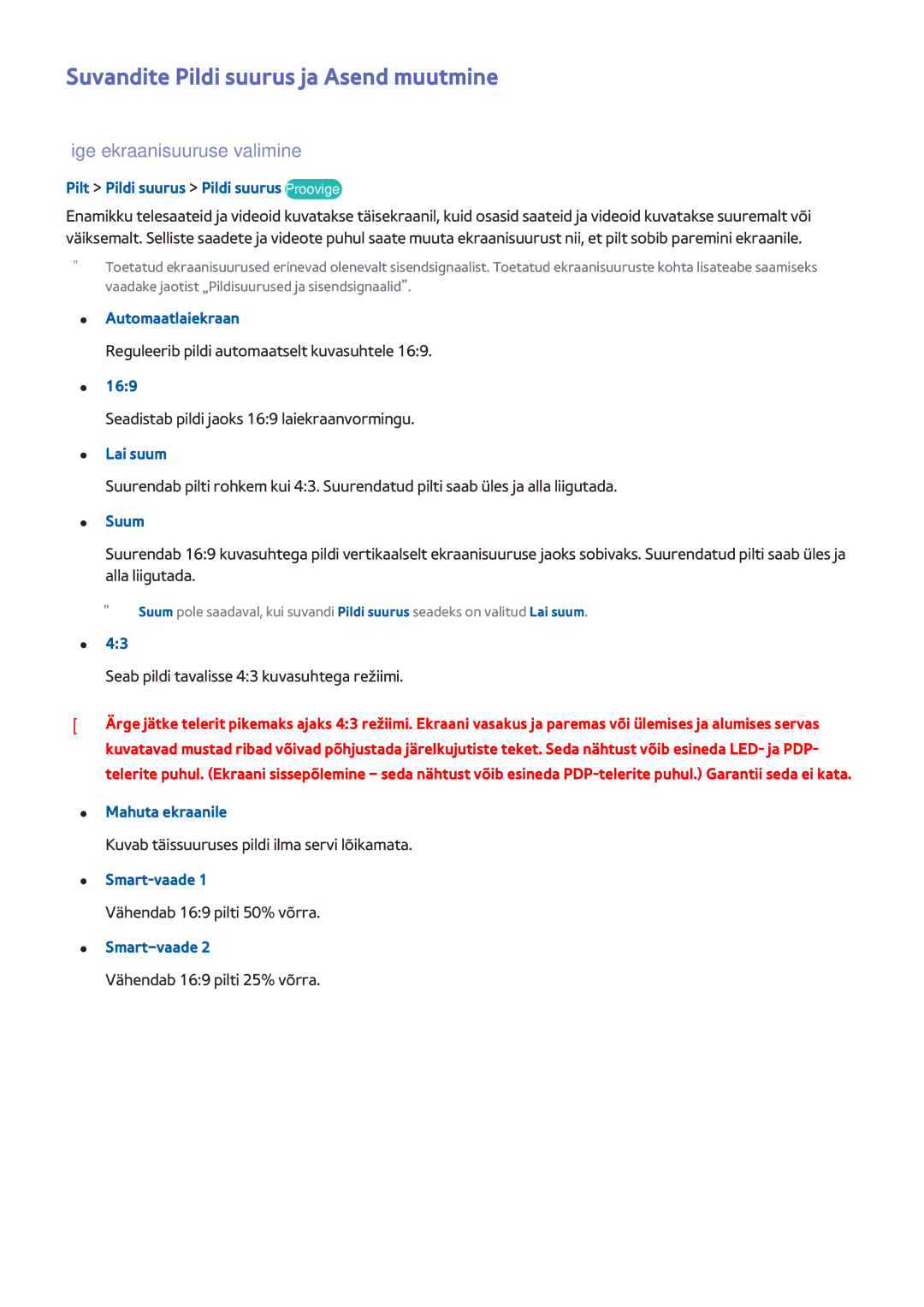 Samsung UE40H6670STXXH, UE22H5610AWXXH manual Suvandite Pildi suurus ja Asend muutmine, Õige ekraanisuuruse valimine 