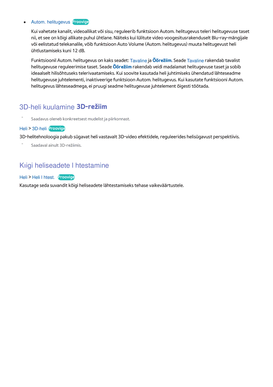 Samsung UE48H6470SSXZG manual 3D-heli kuulamine 3D-režiim, Kõigi heliseadete lähtestamine, Autom. helitugevus Proovige 