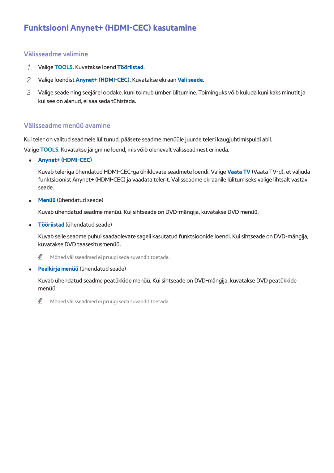 Samsung UE32H6400AWXXH manual Funktsiooni Anynet+ HDMI-CEC kasutamine, Välisseadme valimine, Välisseadme menüü avamine 