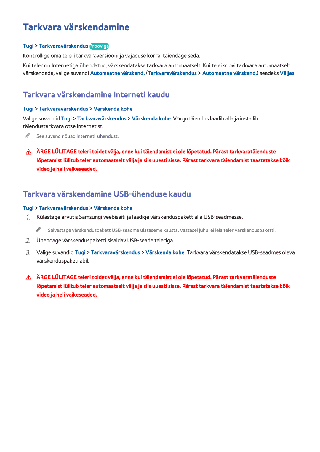 Samsung UE48H6400AWXXH manual Tarkvara värskendamine Interneti kaudu, Tarkvara värskendamine USB-ühenduse kaudu 