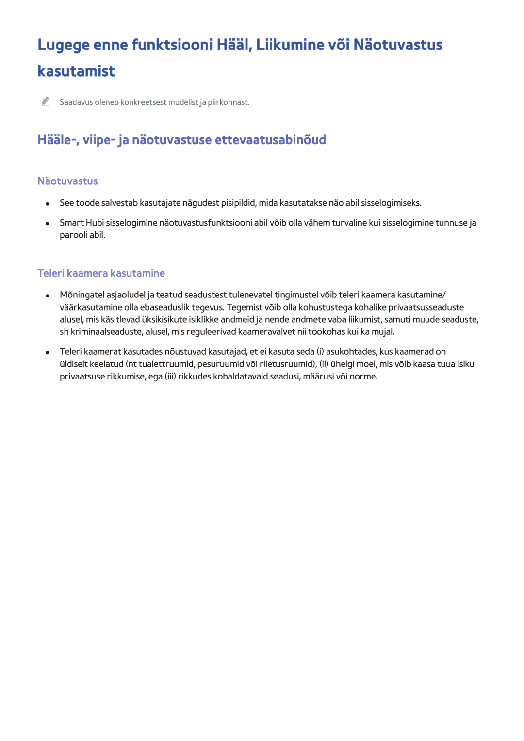 Samsung UE40H6670STXXH manual Hääle-, viipe- ja näotuvastuse ettevaatusabinõud, Näotuvastus, Teleri kaamera kasutamine 