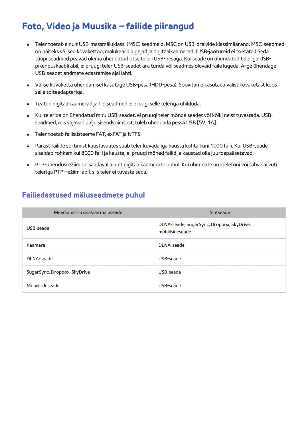 Samsung UE48H6470SSXZG, UE22H5610AWXXH manual Foto, Video ja Muusika failide piirangud, Failiedastused mäluseadmete puhul 