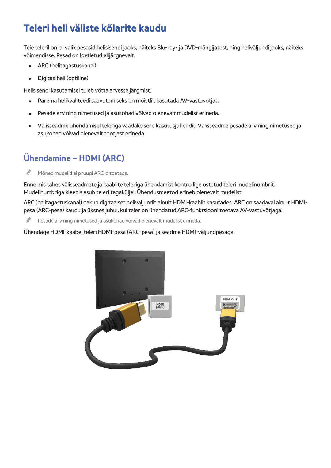 Samsung UE55H6400AWXXH, UE22H5610AWXXH, UE32H6470SSXZG manual Teleri heli väliste kõlarite kaudu, Ühendamine Hdmi ARC 