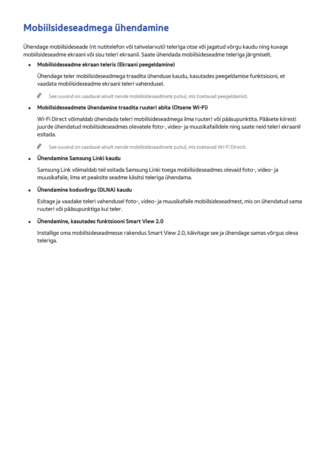 Samsung UE55H6500STXXH, UE22H5610AWXXH Mobiilsideseadmega ühendamine, Mobiilsideseadme ekraan teleris Ekraani peegeldamine 